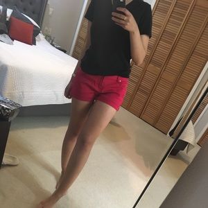 Red denim shorts